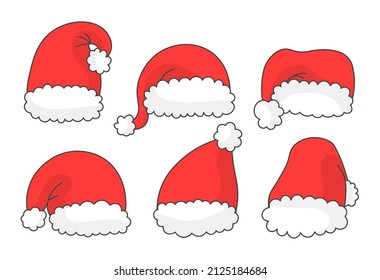 Set of New Years cap. Graphic elements for Christmas. Winter holidays and traditions. Fictional characters and imagination, stickers. Cartoon flat vector illustrations isolated on white background