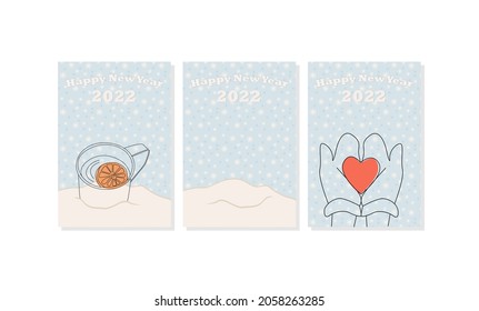 Set new year's card with winter drink with orange, mittens holding red heart