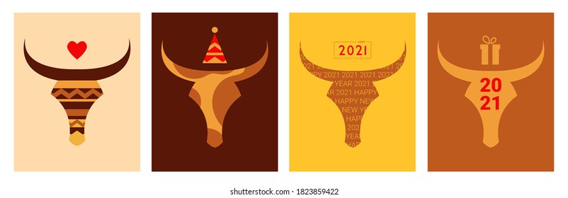 Set of New Year's cards for 2021. Bull logo. Christmas illustrations and invitations. Vector stock illustration.