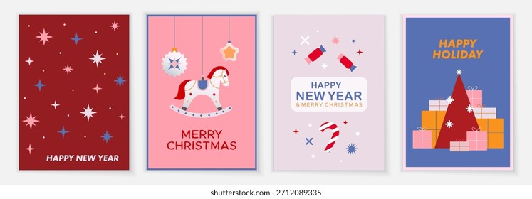 Set of New Year's cards in A4 format. Festive posters for winter holidays. Vector cards.