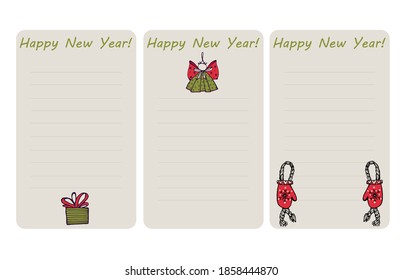 Set of New Year's cards. For congratulatory wishes. Cute Christmas decorations. Delicate palette of colors. Handmade illustration in childish Scandinavian style. For stickers, decals, design, postcard