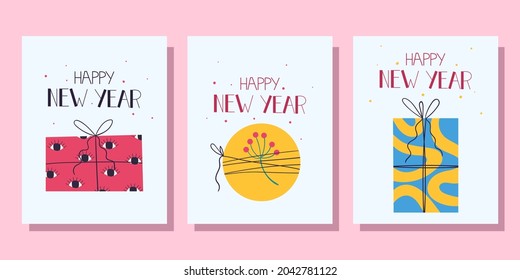 Set of New Year's cards with gifts. Vector illustration in cartoon style.