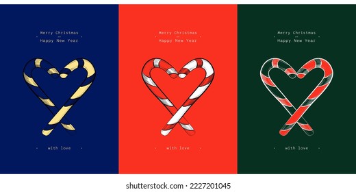 Set of New Year's cards on red, green and blue backgrounds with a heart made of Christmas sweets