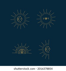 Set of New Year's celestial bodies. Beautiful golden stars, the sun and moons in a circle of twinkling. For the design of a Christmas card. Vector illustration