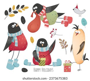 set of New Year's characters birds