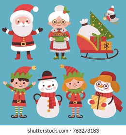 Set of New Year's characters. Santa Claus, Mrs. Claus, sleigh with gifts and elves set of cute christmas characters.