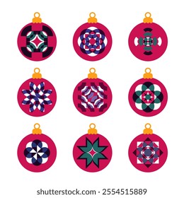 Set of New Year's and Christmas balls, Christmas tree decorations.Vector illustration in a minimalist style  with Riso print effect. Graphic element for design, print, sticker, party decoration, logo