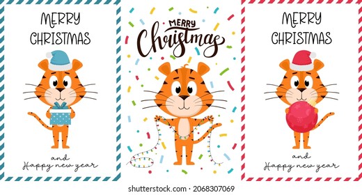 A set of New Year's Christmas cards with a cute cartoon tiger. Vertical cards with the character Tiger - the symbol of the Chinese new year. Vector illustration on a white background.