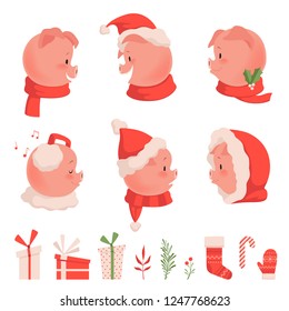 Set of New Year's and Christmas cute funny piglets with different emotions in red hats and scarves as symbols of the year 2019 in a cartoon style. Vector illustration.