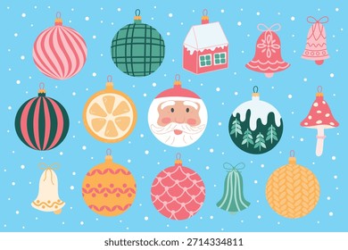 Eine Reihe von Neujahrs- und Weihnachtsbaumschmuck in verschiedenen Formen und Farben.
