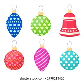 Set of New Year's colored Christmas balls in cartoon style. Vector collection of Christmas tree decorations. Isolated on white background.
