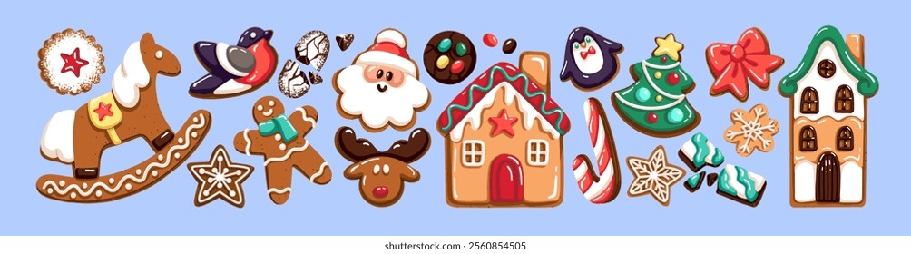 Set of New Year's cookies. Xmas biscuits for winter holidays with icing decoration. Gingerbreads with different shapes: Christmas tree, Santa, star, ginger house. Flat isolated vector illustrations