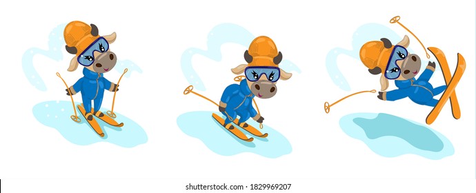
Set the New Year's cow is skiing. 
Humor postcard Merry Christmas. Funny cow in winter overalls. Print for pajamas, t-shirts, sweatshirts, notepad printing