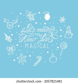 A set of New Year's decorations and elements for decoration. Vector Happy New Year lettering