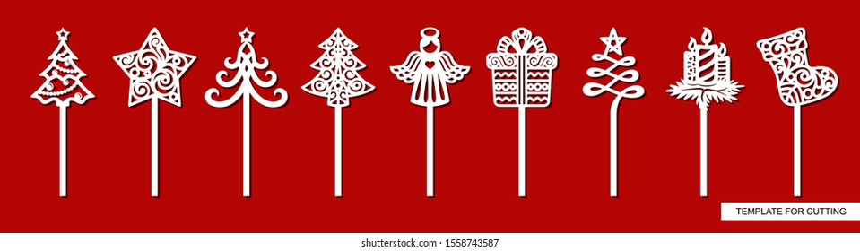 Set of New years decorations - toppers for cakes with Christmas tree, star, gift, angel, sock, gift, candles. Template for laser cutting, wood carving, paper cut and printing. Vector illustration.