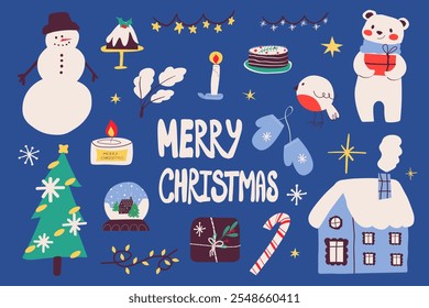 Set of New Year's decorations. Vector flat Christmas elements of winter holidays isolated on background. Snowman, sugar cane, candles, New Year tree and other X-mas symbols.