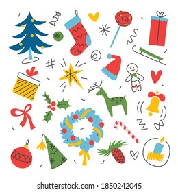 Set of New Year's elements, doodles, freehand drawing, white background. Christmas