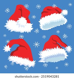 A set of New Year's fluffy Santa Claus hats and various snowflakes. Vector hand drawn illustration on light blue background