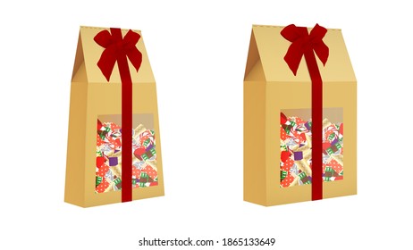 Set New Year's Gifts with Sweets on a White Background. Merry Christmas and Happy New Year. Colored. Winter Holidays Realistic box. Vector Illustration EPS 10