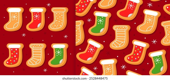 Set of New Year's gingerbread cookies in the shape of christmas stocking on red background. And christmas seamless pattern for wrapping paper, fabric, card. Christmas cookies with sugar glazed.