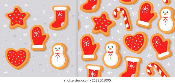 Set of New Year's gingerbread cookies in the different shapes. Gray background. And christmas seamless pattern for wrapping paper, fabric, card. Christmas cookies with sugar glazed.
