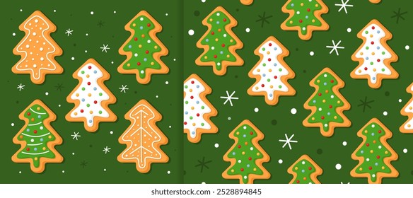 Set of New Year's gingerbread cookies in the shape of christmas trees on green background. And christmas seamless pattern for wrapping paper, fabric, card. Christmas cookies with sugar glazed.