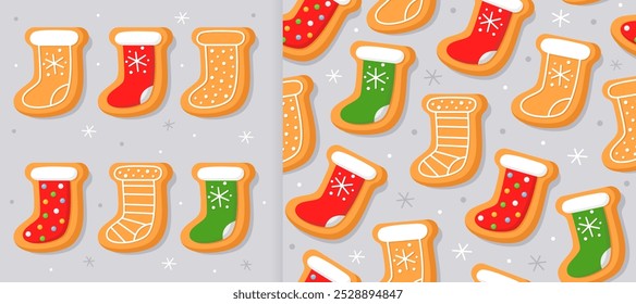 Set of New Year's gingerbread cookies in the shape of christmas stocking on gray background. And christmas seamless pattern for wrapping paper, fabric, card. Christmas cookies with sugar glazed.