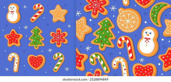 Set of New Year's gingerbread cookies in the different shapes. Blue background. And christmas seamless pattern for wrapping paper, fabric, card. Christmas cookies with sugar glazed.