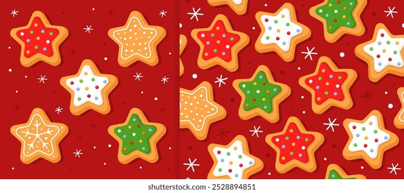 Set of New Year's gingerbread cookies in the shape of stars on red background. And christmas seamless pattern for wrapping paper, fabric, card. Christmas cookies with sugar glazed.