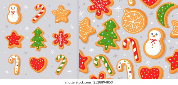 Conjunto de biscoitos de gengibre de Ano Novo nas diferentes formas. Fundo cinza. E Natal padrão sem emenda para embrulhar papel, tecido, cartão. Biscoitos de Natal com açúcar vidrado.