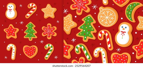 Set of New Year's gingerbread cookies in the different shapes. Red background. And christmas seamless pattern for wrapping paper, fabric, card. Christmas cookies with sugar glazed.