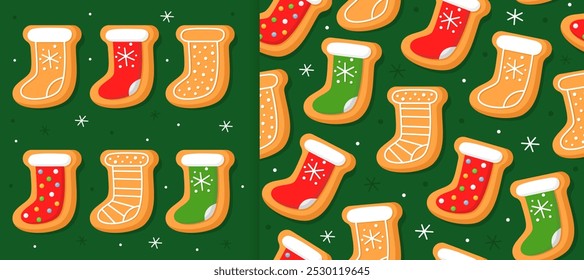 Set of New Year's gingerbread cookies in the shape of christmas stocking on green  background. And christmas seamless pattern for wrapping paper, fabric, card. Christmas cookies with sugar glazed.