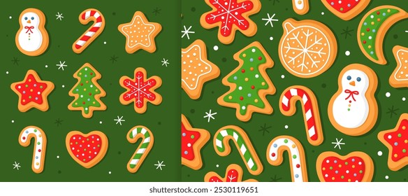 Set of New Year's gingerbread cookies in the different shapes. Green background. And christmas seamless pattern for wrapping paper, fabric, card. Christmas cookies with sugar glazed.