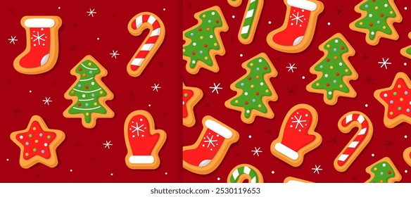 Set of New Year's gingerbread cookies in the different shapes. Red background. And christmas seamless pattern for wrapping paper, fabric, card. Christmas cookies with sugar glazed.