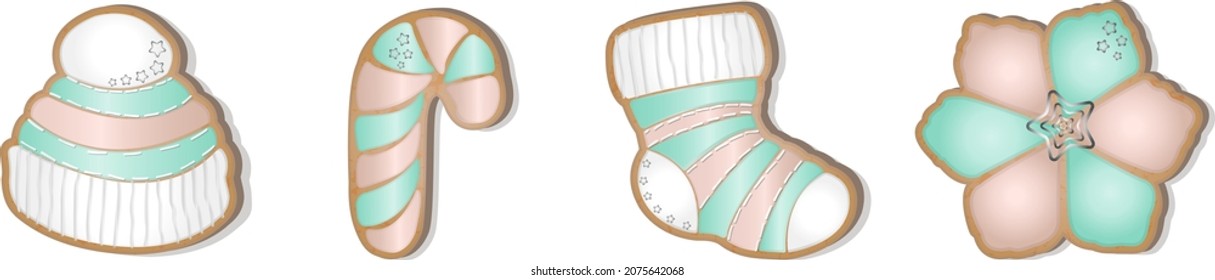 Set of New Year's gingerbread. Hat, sock, lollipop, flower. Gingerbread cookies with pink-mint glaze. Vector illustration.