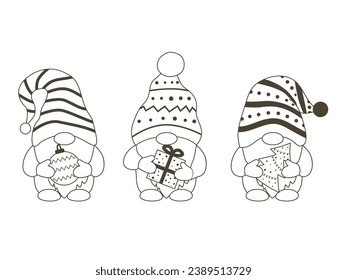 conjunto de gnomos de Año Nuevo hechos de esquema. en manos de un árbol de Navidad, un juguete de Año Nuevo, un regalo.