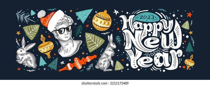 Set of New Year's graphics. Hand-drawn. Banner with lettering, abstraction, happy new year, statue, Santa claus, art, Christmas hat, rabbit, Christmas toys, winter, snow, doodles, Christmas tree, gift