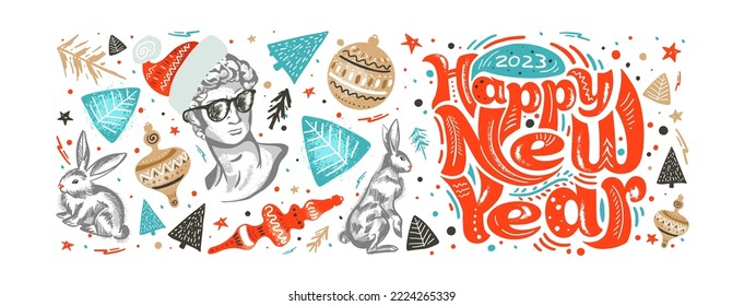 Set of New Year's graphics. Hand-drawn. Banner with lettering, abstraction happy new year. Vector templates for card, poster, flyer, banner and other