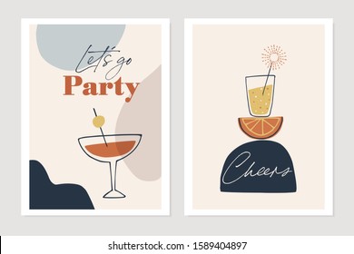 Set of New Years greeting cards, party invitations. Cocktails, drink glasses with orange fruit and sparkler. Cheers and lets go party text. Abstract geometric shapes background. Vector illustrations.