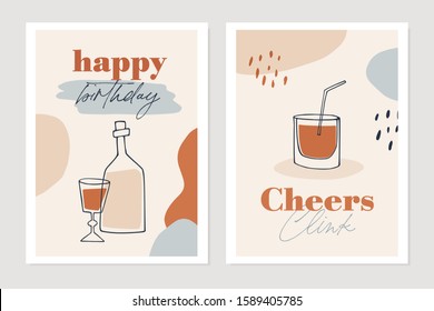 Set of New Years greeting cards, party invitations. Cocktail, wine bottle and drink glasses. Cheers and happy birthday text. Abstract geometric shapes background. Vector illustrations. 