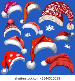 Set of New Year's hats on a separate background with a red top, patterns, fur lapels and pompoms