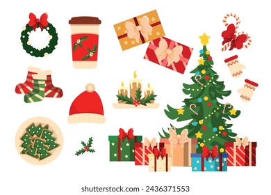 Set of New Year's holiday elements in cartoon style.Vector illustration of a Christmas tree decorated with toys,gifts,wreath, gingerbread cookies,candles, Christmas sock, hot drink, gloves, lollipops.