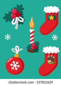 Set of New Year's icons: Mistletoe bouquet with ribbon; Christmas stocking with star and a bow; red boot with a deer; striped candle decoration Christmas plants; Christmas toy red ball with snowflake.