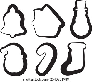 set of New Year's icons, namely snowflakes, a Christmas tree and a gingerbread house, candies and a New Year's sock drawn in line art style