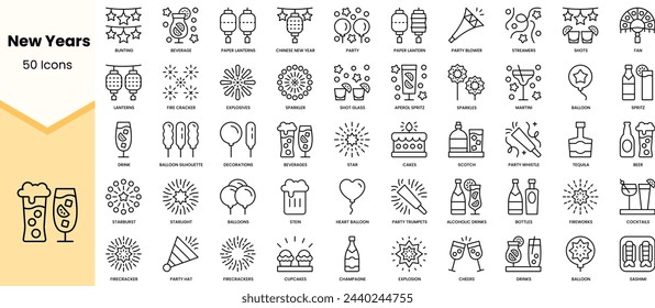 Set of new years icons. Simple line art style icons pack. Vector illustration