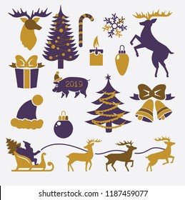 Set of New Year's icons. Vector illustration for New Year holidays, deer, gifts, Santa Claus in sleds and Christmas trees. Simple design in two-color versions. Icons for postcards and congratulations.