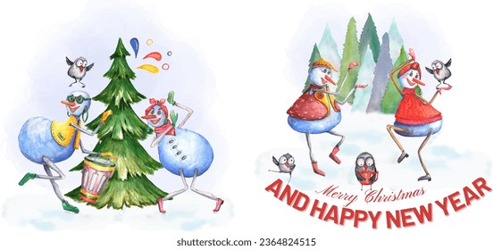 Set from New Year's illustration. Drawn with watercolors. Dancing snowmen