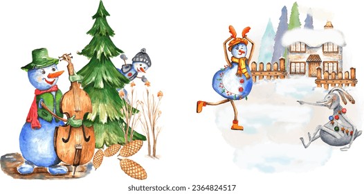 Set from New Year's illustration. Drawn with watercolors. Dancing snowmen