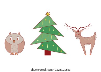 a set of New Year's illustrations, set of illustrations of forest animals, a set of illustrations in the Scandinavian style for creating designs in the Scandinavian style for projects in cartoon style