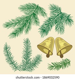 A set of new year's items. Branches of spruce and pine. The yellow bells. For the design of postcards, posters, and jewelry.